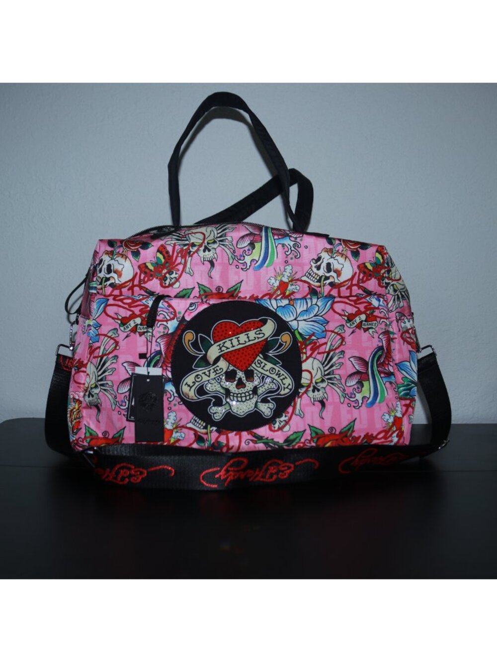 NWT Ed Hardy Womens Colorblock Tattoo-Print Shoulder Bag Pink Graphic Print